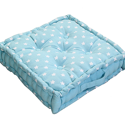 Star Blue - 100% Cotton - Large Floor Cushion - Blue White - 50 x 50 x 10 cm Square - Indoor - Garden - Dining Chair Booster - Seat Pad Cushion