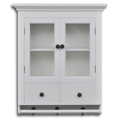 Wall White Wooden Kitchen Cabinet with 2 Glass Doors and Drawers