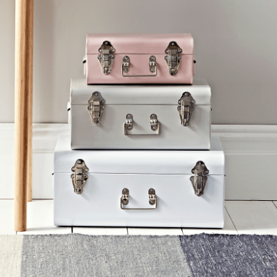 3 Metal Storage Trunks in Blush, Putty and White