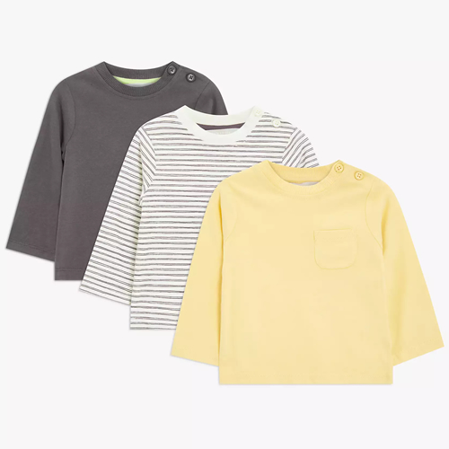 Baby Cotton Baby Plain & Stripe Jersey Tops, Pack of 3, Yellow and Grey Stripes