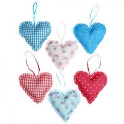 Set of Six Pretty Hanging Quilted Heart Decorations