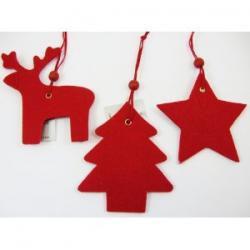 Gisela Graham - Set of 3 Red Felt and Bead Reindeer, Christmas Tree and Star Hanging Decoration