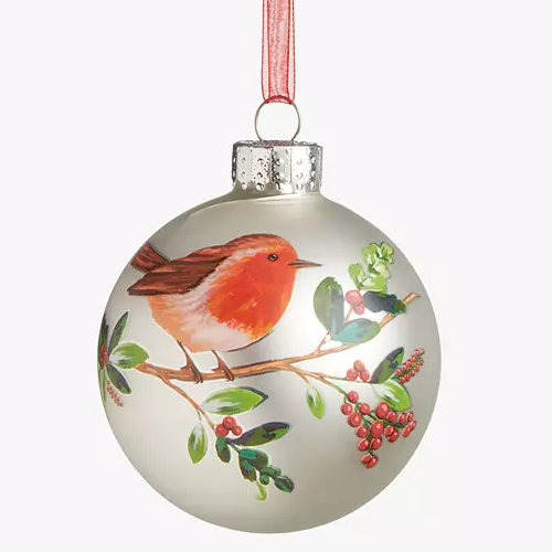 . Christmas Festive Field Painted Robin in Branch Bauble, White