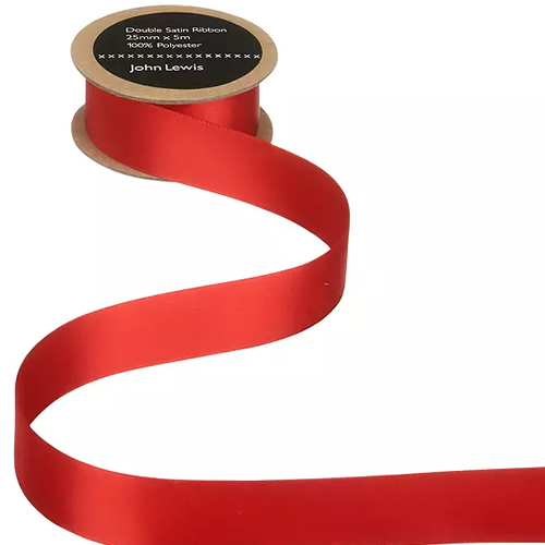 . Double Satin Ribbon, 5m, Red, 25mm