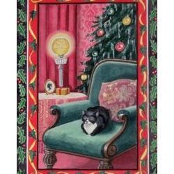 Christmas Traditional Old Fashioned Cat on Chair Tea Towel ~ Teatowel  100% Cotton