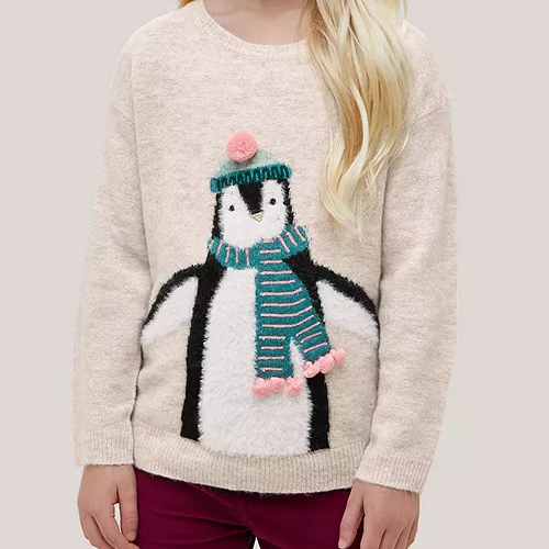 Kids' Christmas Penguin Jumper, Oatmeal