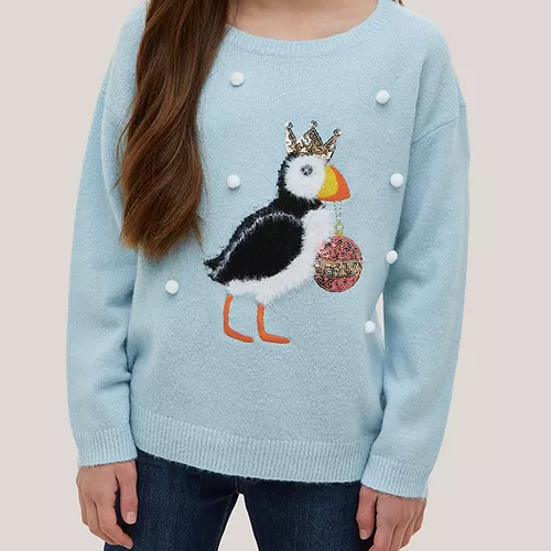 Kids' Christmas Puffin Jumper, Pale Blue