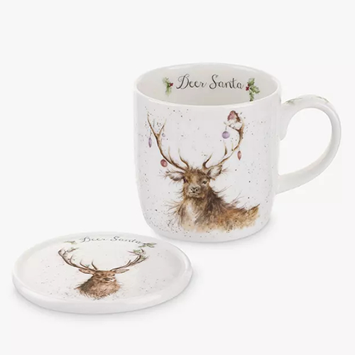 Wrendale Designs Christmas Deer Santa Bone China Mug & Coaster Gift Set, 310ml, White / Multi