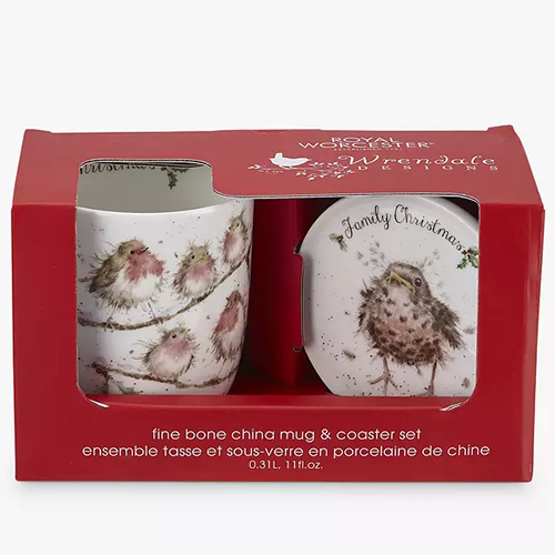 Wrendale Designs Robin 'Family Christmas' Bone China Mug & Coaster Gift Set, 310ml, White / Multi