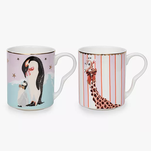 Yvonne Ellen Christmas Giraffe and Penguin Bone China Mugs, Set of 2, 240ml, Pink / Multi