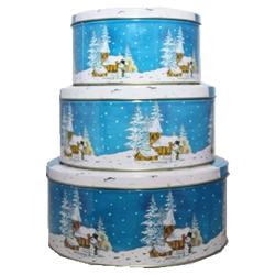Christmas Cake Tins ~ Santa Blue Snow Scene Traditional Vintage Set of 3