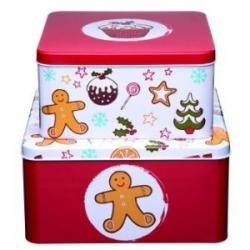 Christmas Cake Tins ~ Red Tins x 2 Square Christmas Puddings & Gingerbread Men