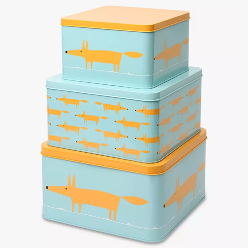 . Scion Mr Fox Square Cake Tins, Set of 3, Blue/Orange
