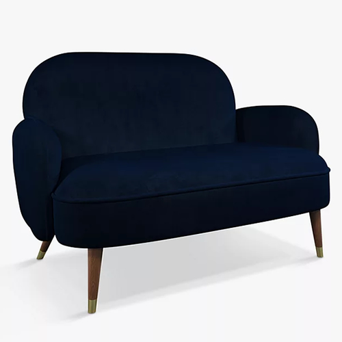 . Cove Petite 2 Seater Sofa, Dark Gold Tipped Leg, Midnight Blue Velvet