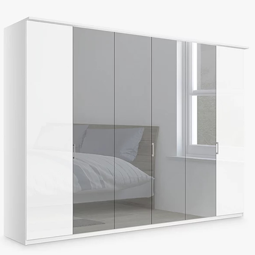 . Elstra 300cm Wardrobe with Glass and Mirrored Hinged Doors, White Glass / Matt White