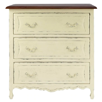 3 Drawer Shabby Chic White Distressed Chest of Drawer, Elegant Curved Feet