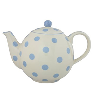 London Pottery 4 Cup Globe Teapot Blue Spots on Ivory