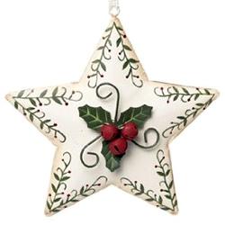 Hanging Christmas Decorations ~ White Painted Star _ Metal with Holly Berries