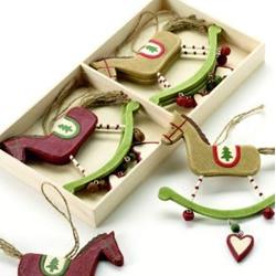 Hanging Christmas Decorations ~ Wooden Scandinavian / Nordic Box of 6 Rocking Horses ~ Traditional Vintage