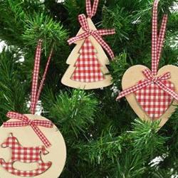 Hanging Christmas Decorations ~ Wooden Gingham Heart, Tree & Rocking Horse