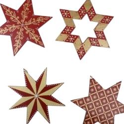 Hanging Christmas Decorations ~  Wooden Stars x 4 by Birchcraft ~ Gold & Red