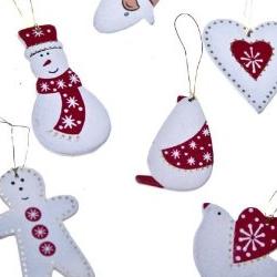 Hanging Christmas Decorations ~  Wooden Assorted x 8 by Birchcraft ~ Hearts / Birds / Snowmen