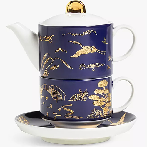 . Willow Landscape Fine China Tea-For-One Teapot, 330ml, Navy / Gold