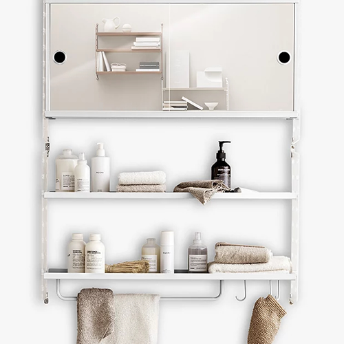 . Double Mirrored Bathroom Cabinet with Plex Wall Panel Side Racks, Two Shelves, Rod and Hooks