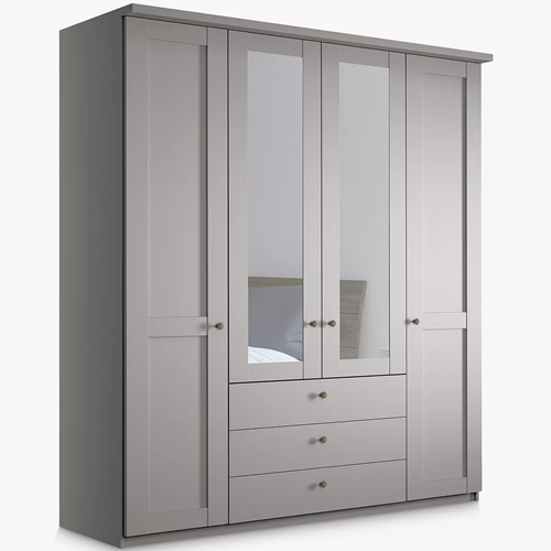 - Marlow 200cm Hinged Door Wardrobe with Mirrors and 3 Drawers, Pebble Grey